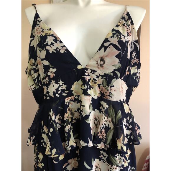 NWT Boohoo Sleeveless Tiered Dress Size 20 Navy Blue Peplum Floral Cottage - Picture 2 of 12